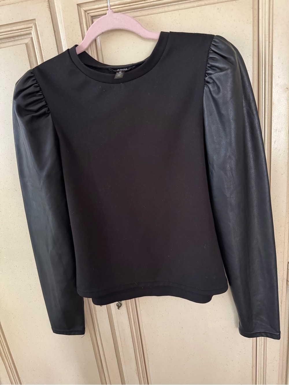 Aqua Black Faux Leather Puff-Sleeve Sweatshirt